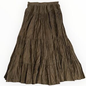 BLOOMINGDALE’S 100% Silk Tiered Maxi Skirt Brown Green M Luxury Designer Boho